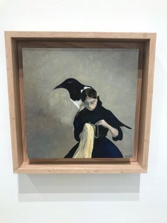 La Dame au Collier de Perles_Swan Scalabre:: Huile/Bois/Cadre en bois_Figuratif/Oiseau