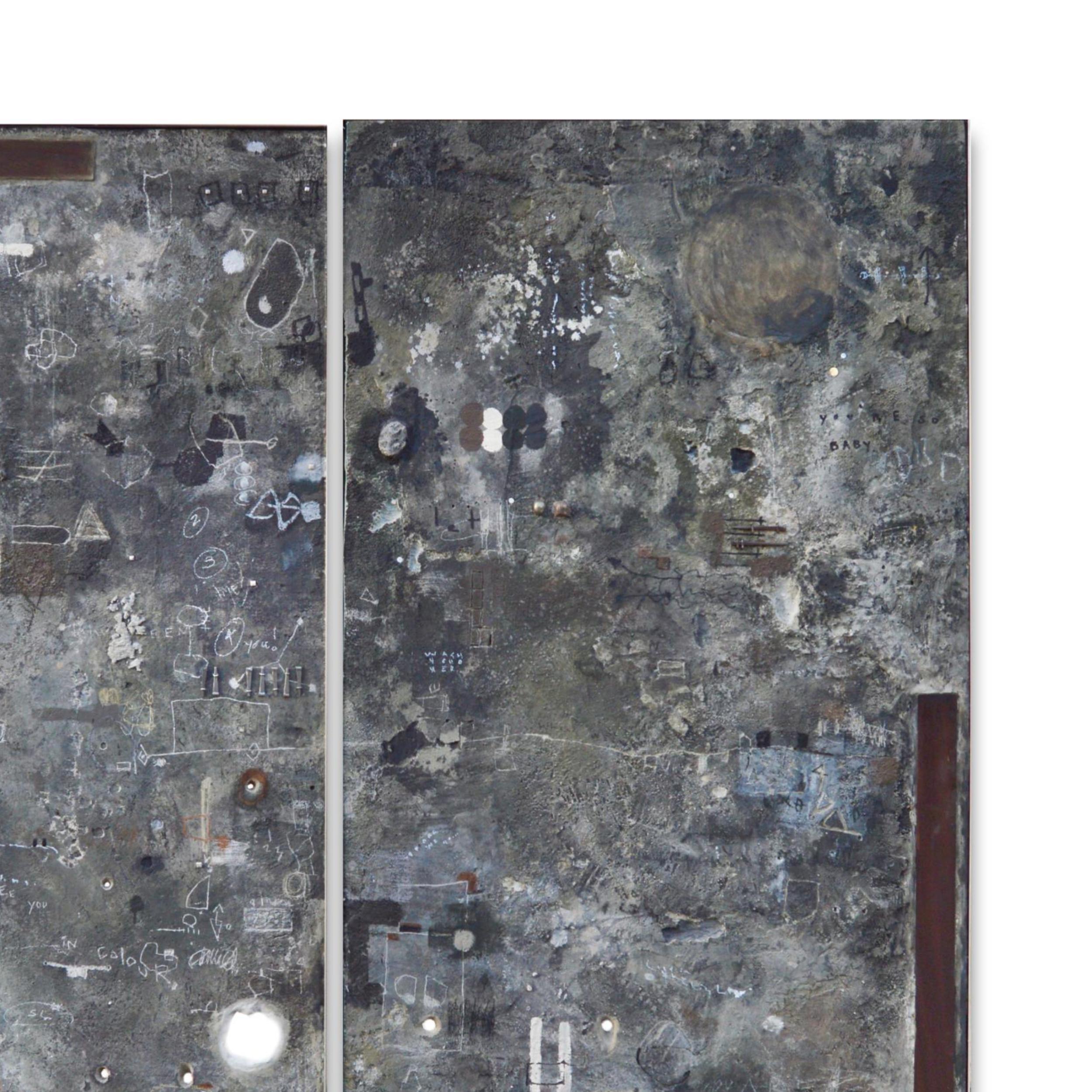 Cydney Parkes
BOTH AND
Diptych sold together at $15,500

Single Panel sold at $9000

Mixed Media Mortar Series: mortar, acrylic paint, oil pastels, steel nails, steel hooks, mahogany stained wood, vintage original Rail Road spikes, brass, Silver