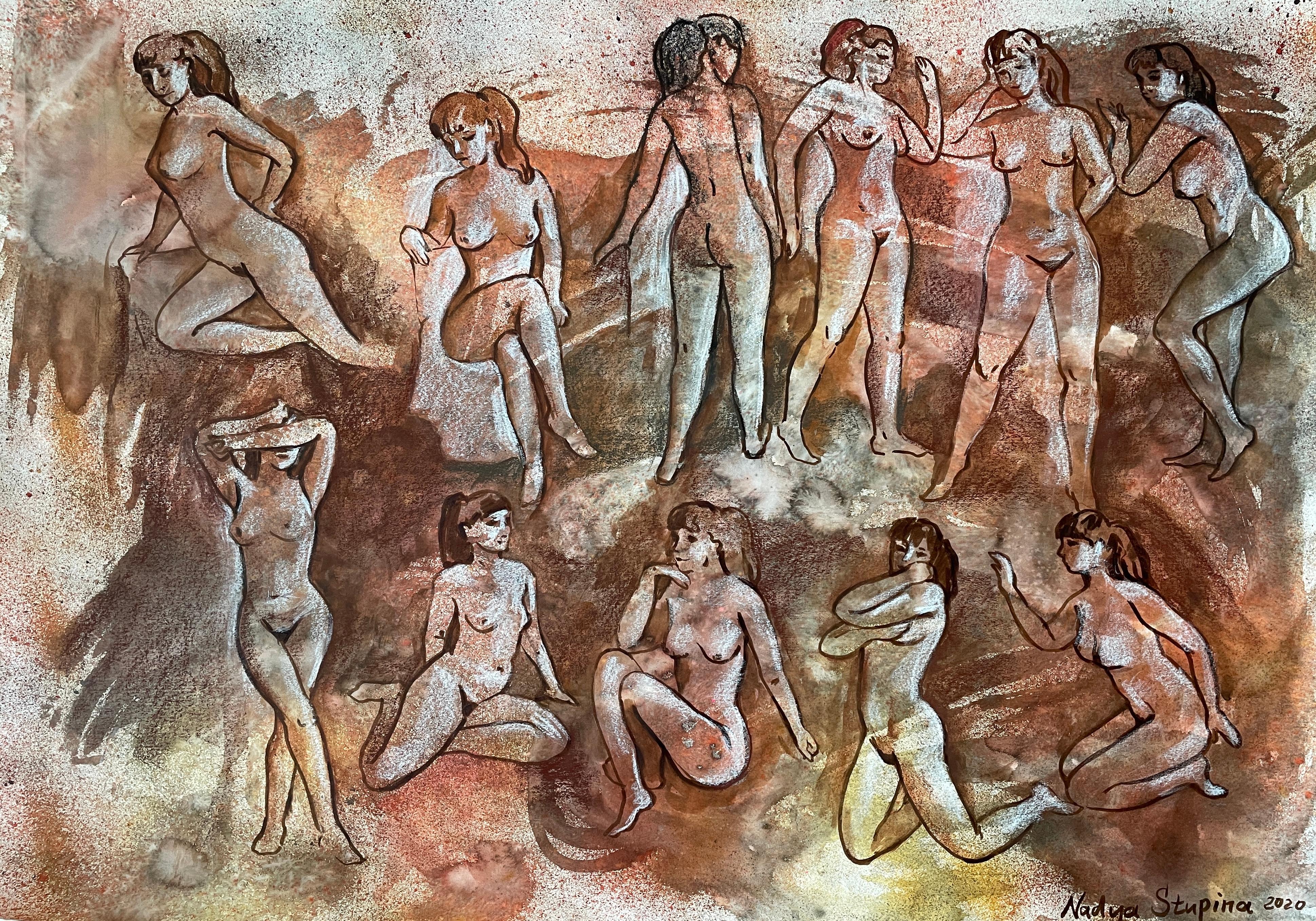 "Desnuda. Bocetos 4" Gráfico figurativo original. Desnudos en diferentes medios