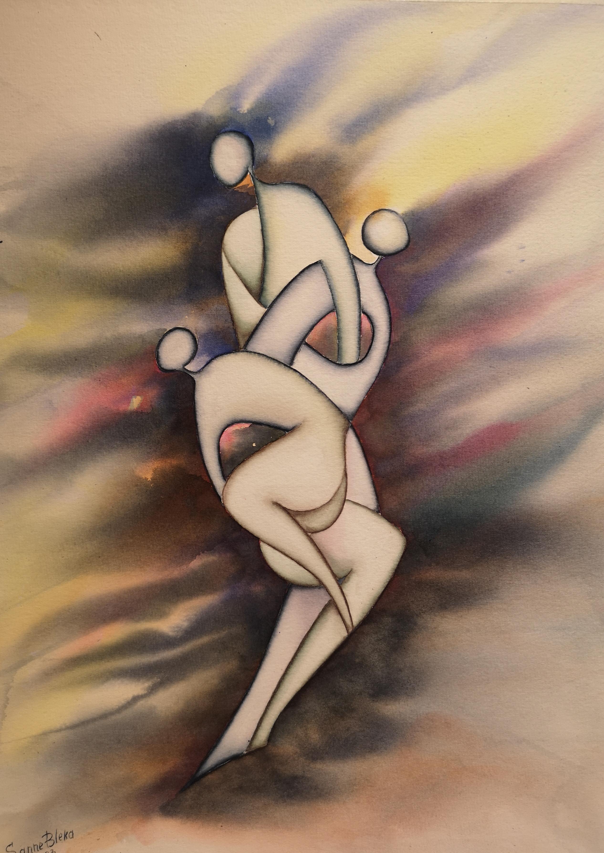 "Triple" Surrealistic painting . Vertical watercolour . Original . Wall decor
