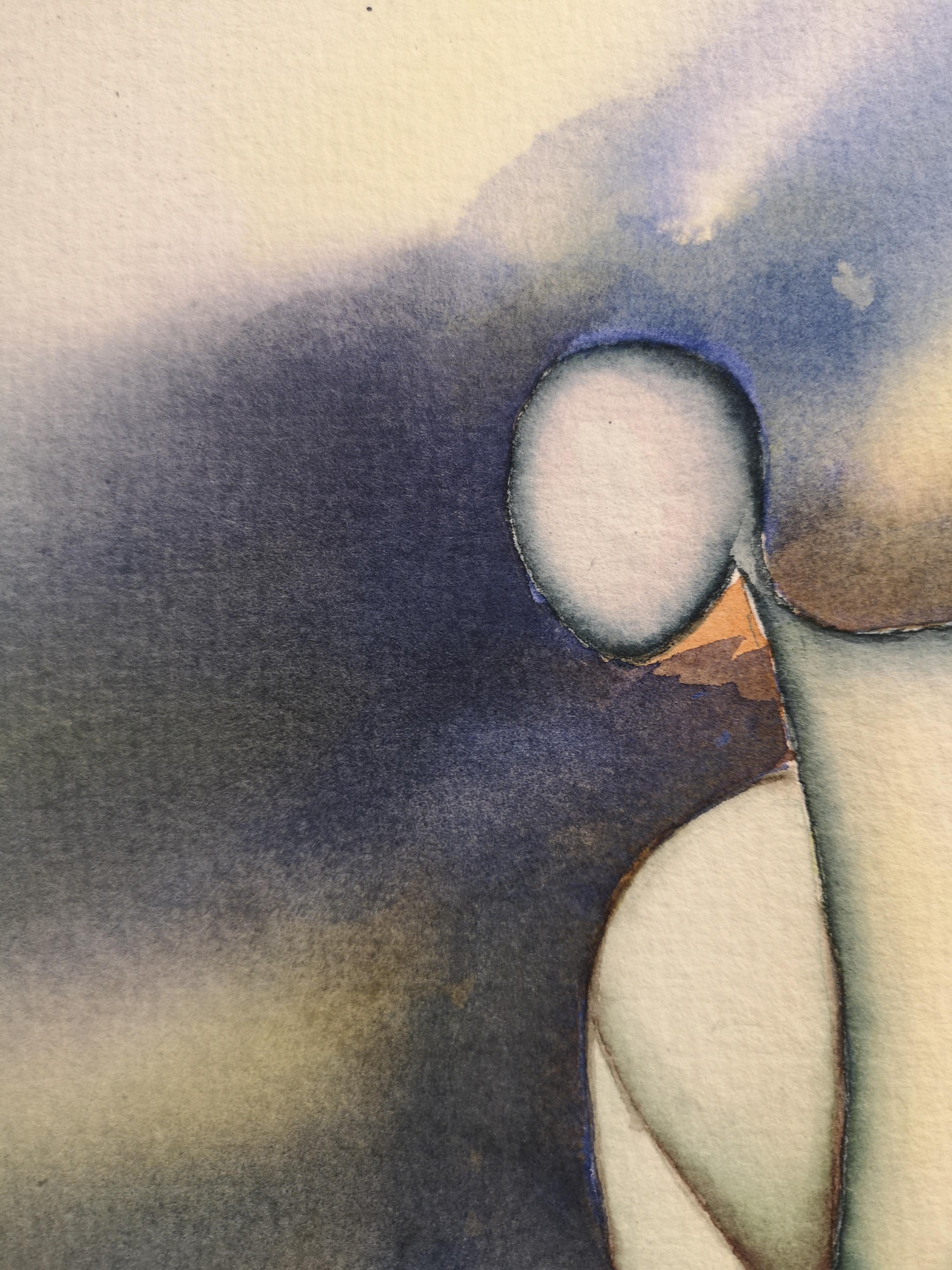 Surrealistisches Gemälde „Triple“ . Vertikales Aquarell . Original . Wanddekor (Braun), Figurative Art, von Sanne Bleka