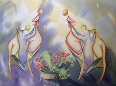 «Cactus». Original futuristic figurative painting . Watercolour on paper.