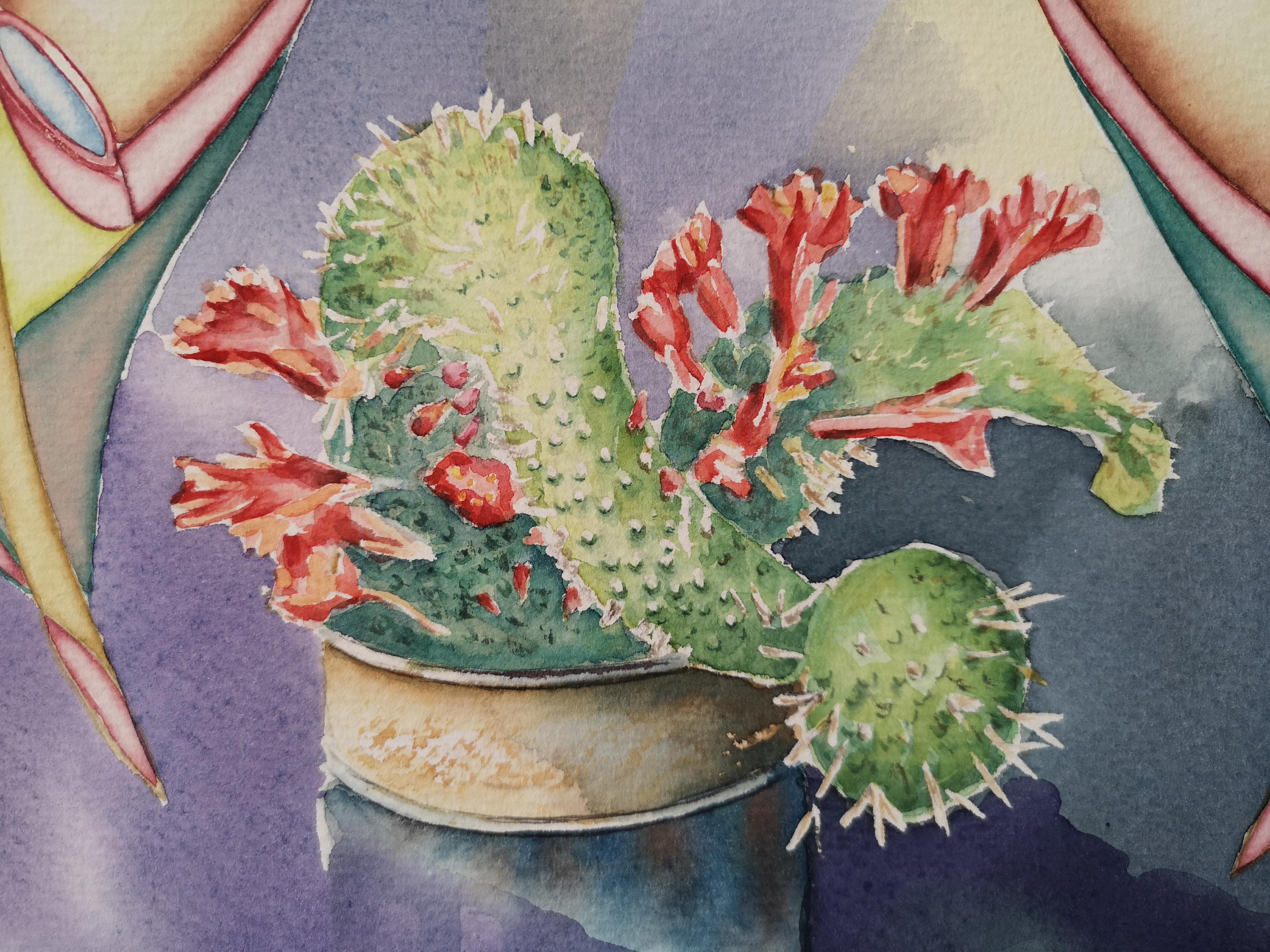 «Cactus». Original futuristic figurative painting . Watercolour on paper. - Futurist Art by Sanne Bleka