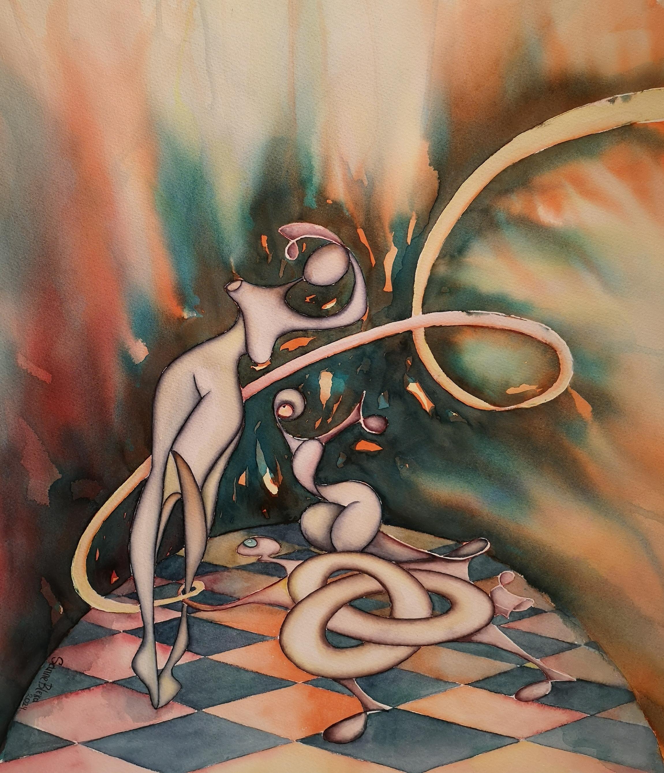 "Don't Go Away" Original  futuristic painting. Watercolor on paper . Vertical.