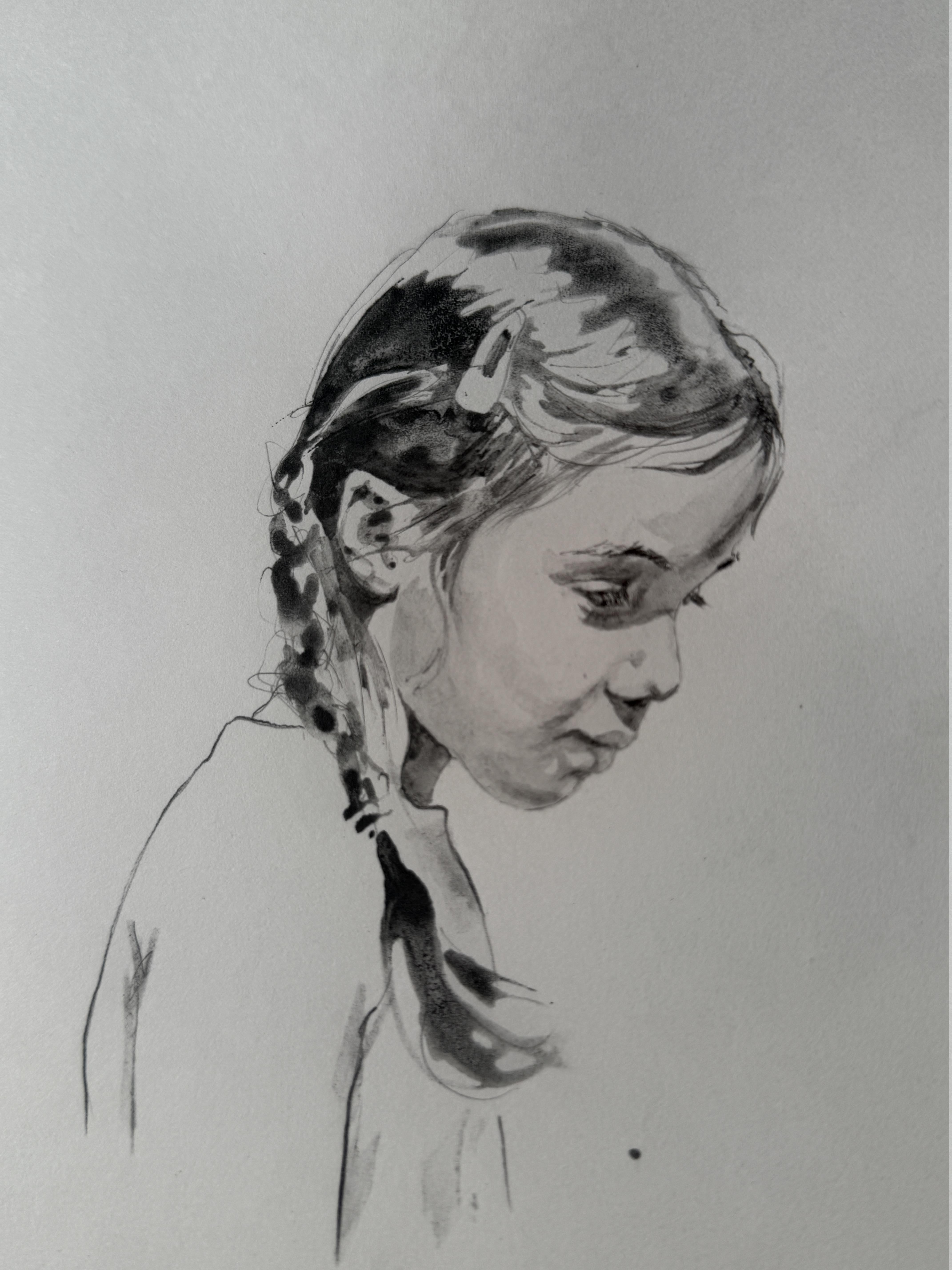 Minimalistic but masterfully executed monochrome watercolor. The work immediately attracts attention with the originality of the composition - the image is shifted to the right edge of the sheet. This is a portrait of a girl, light and bright, on