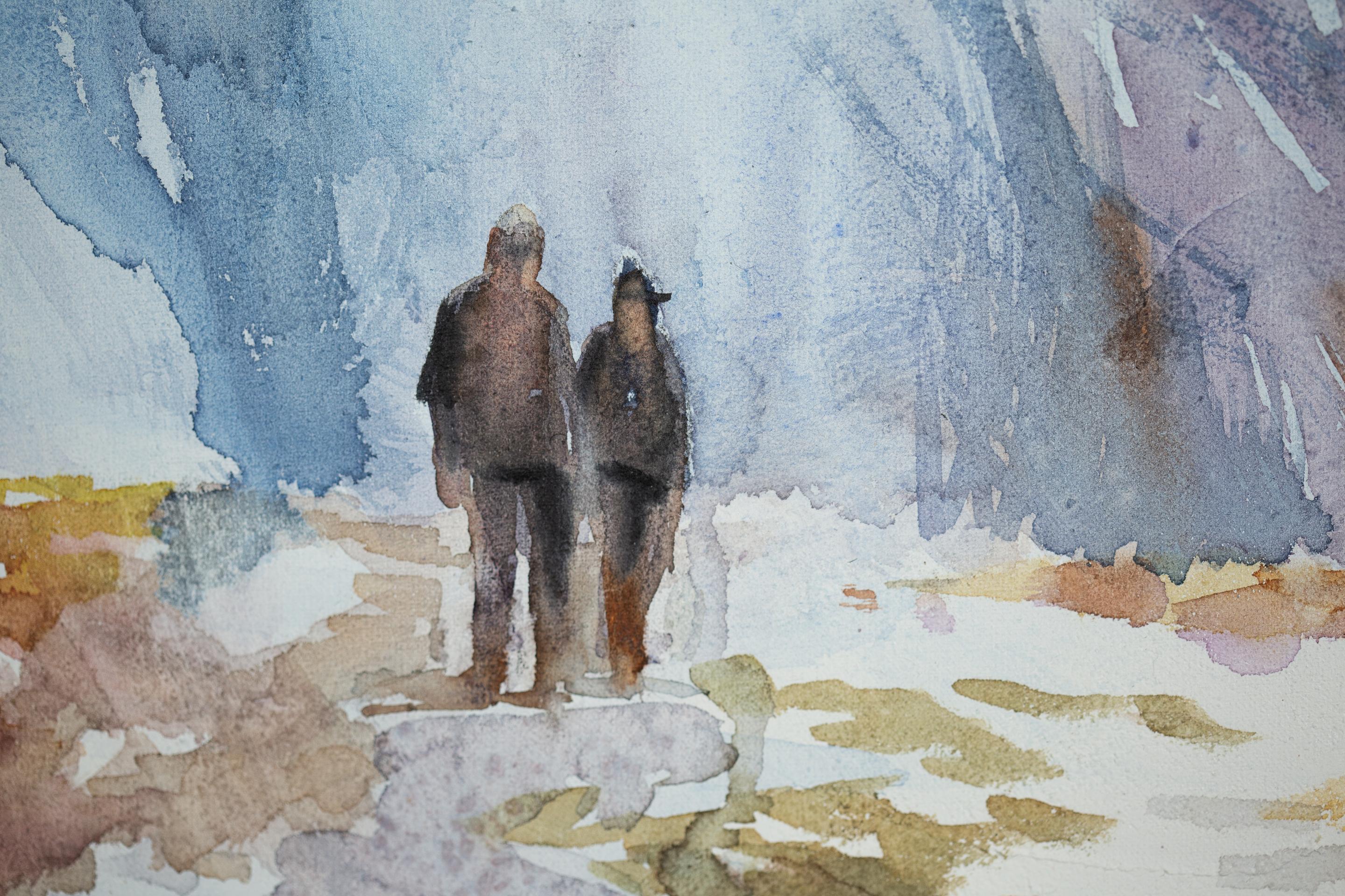 Two In The Mountains. Lovers, horizontal, nature, mountain landscape, watercolor in vendita 3