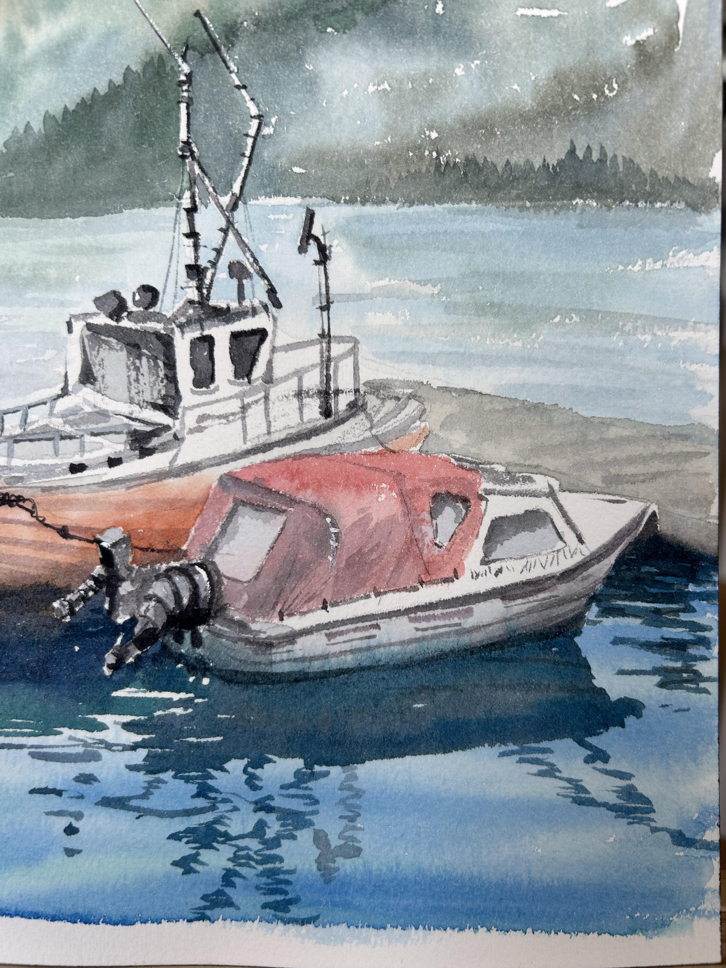 Boats Landscape Painting. Seascape, mountains, vertical, green, blue, grey - Gray Landscape Art by Aleksandra Strokina