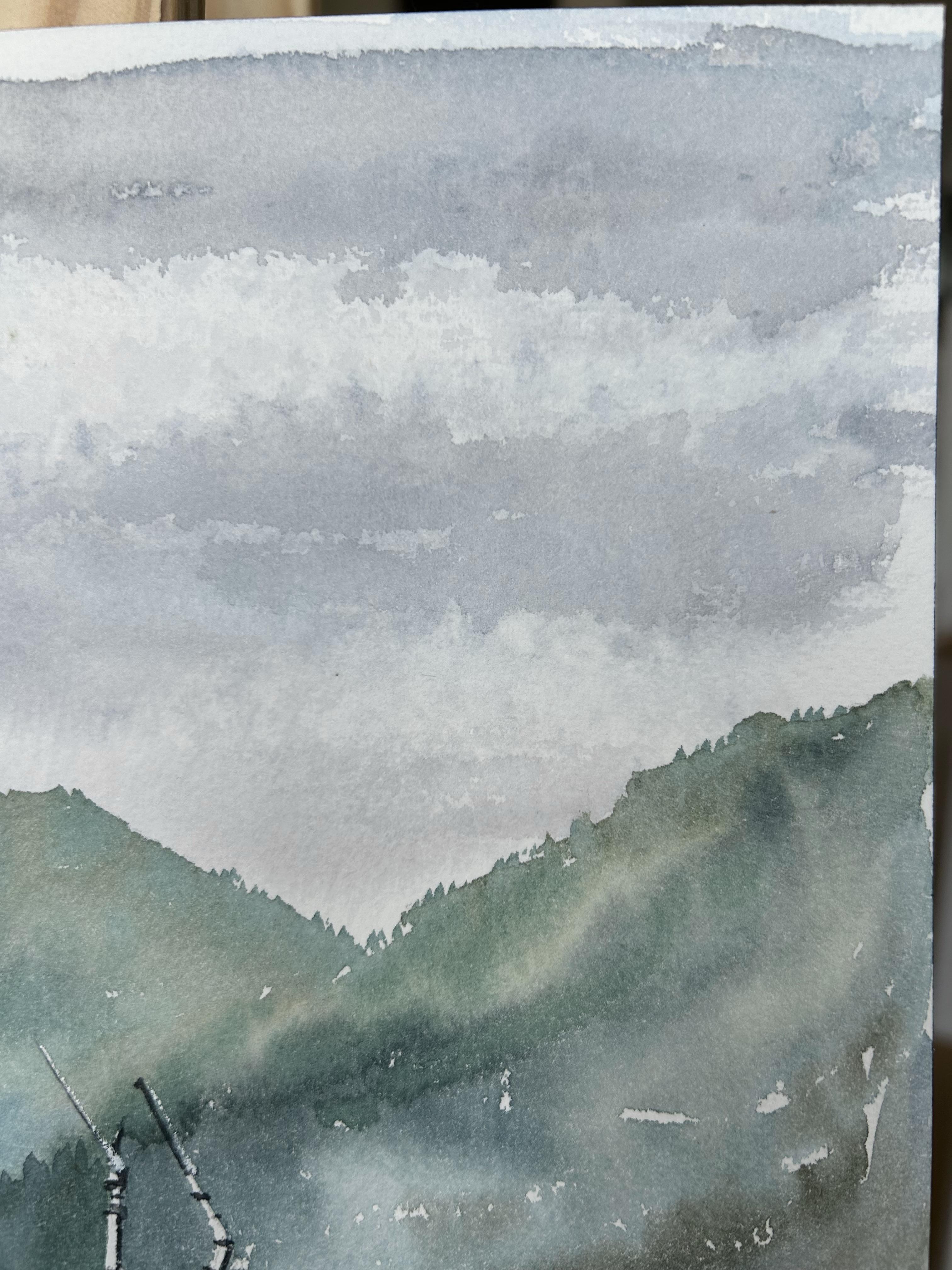 Boats Landscape Painting. Seascape, mountains, vertical, green, blue, grey For Sale 1