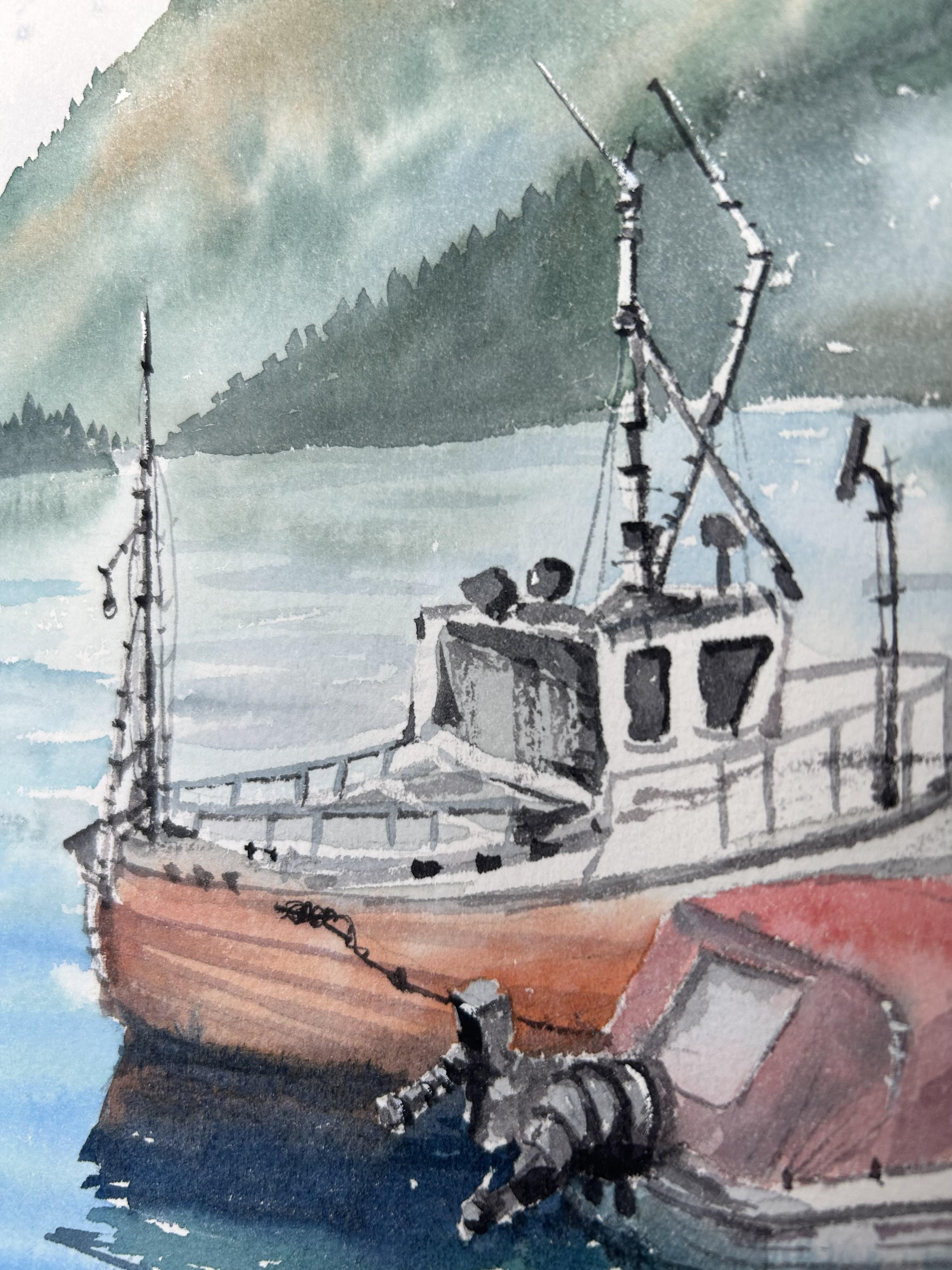 Boats Landscape Painting. Seascape, mountains, vertical, green, blue, grey For Sale 4