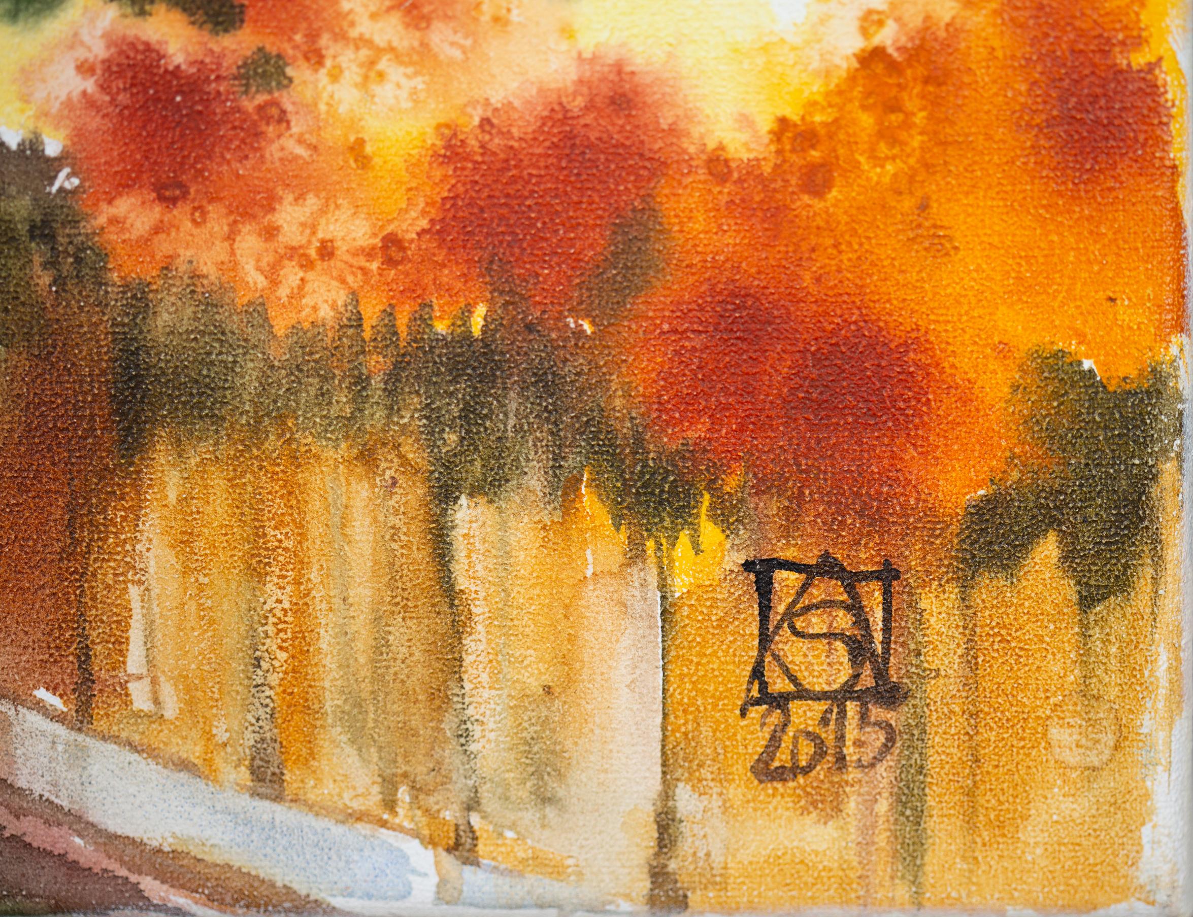 A la fontaine.  Paysage urbain, Suisse, fontaine, café, rouge, horizontal - Marron Landscape Art par Anna Shesterikova