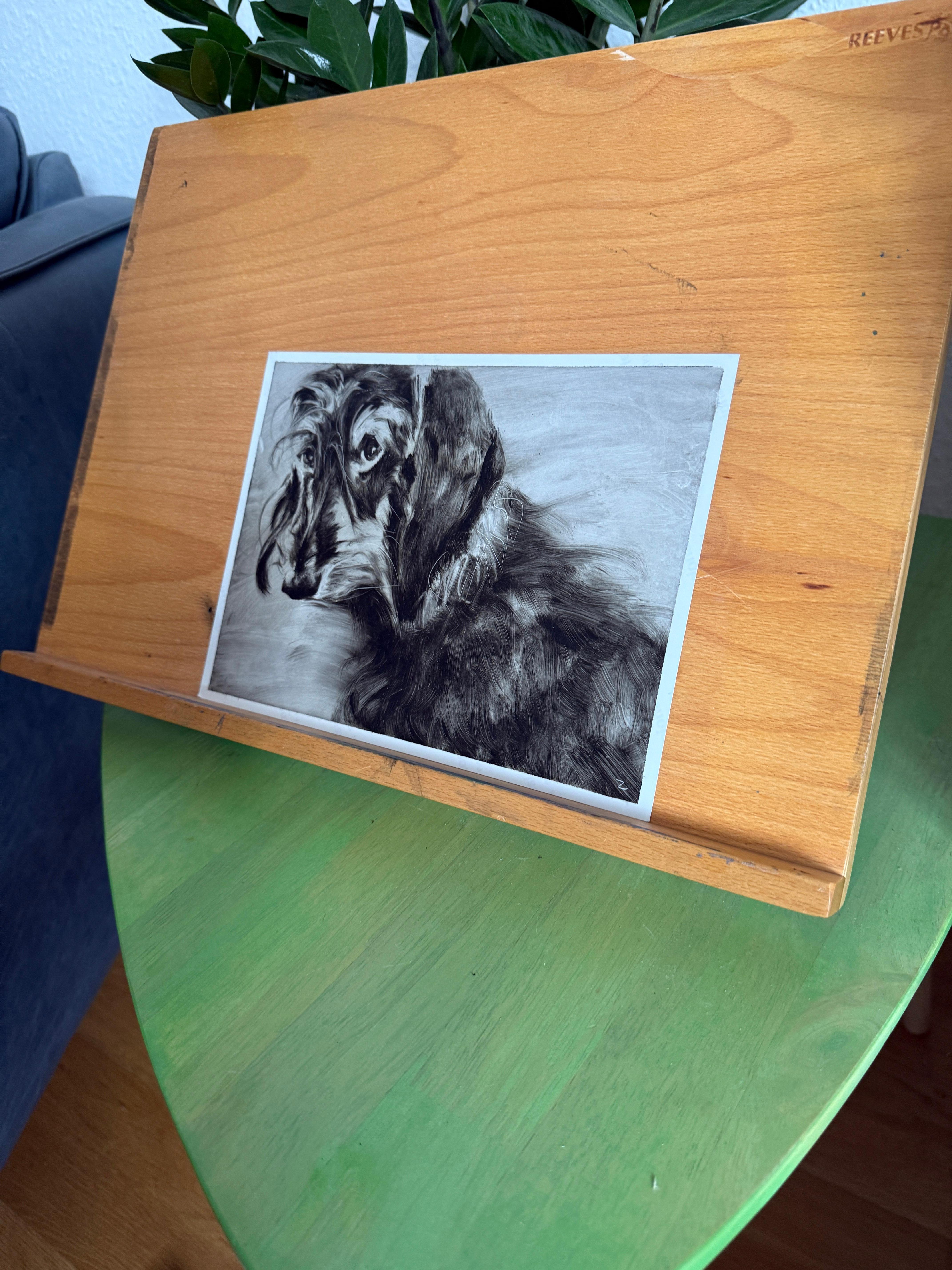 Questa piccola ma elegante opera è un ritratto in bianco e nero di un cane. È dipinto con la tecnica tipica dell'olio su carta fotografica (retro). La carta fotografica spessa e plastificata è un supporto eccellente, nettamente superiore in termini