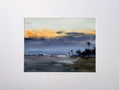 East Coast. Sunset. Landscape painting, evening, sea, sky, palms, lights