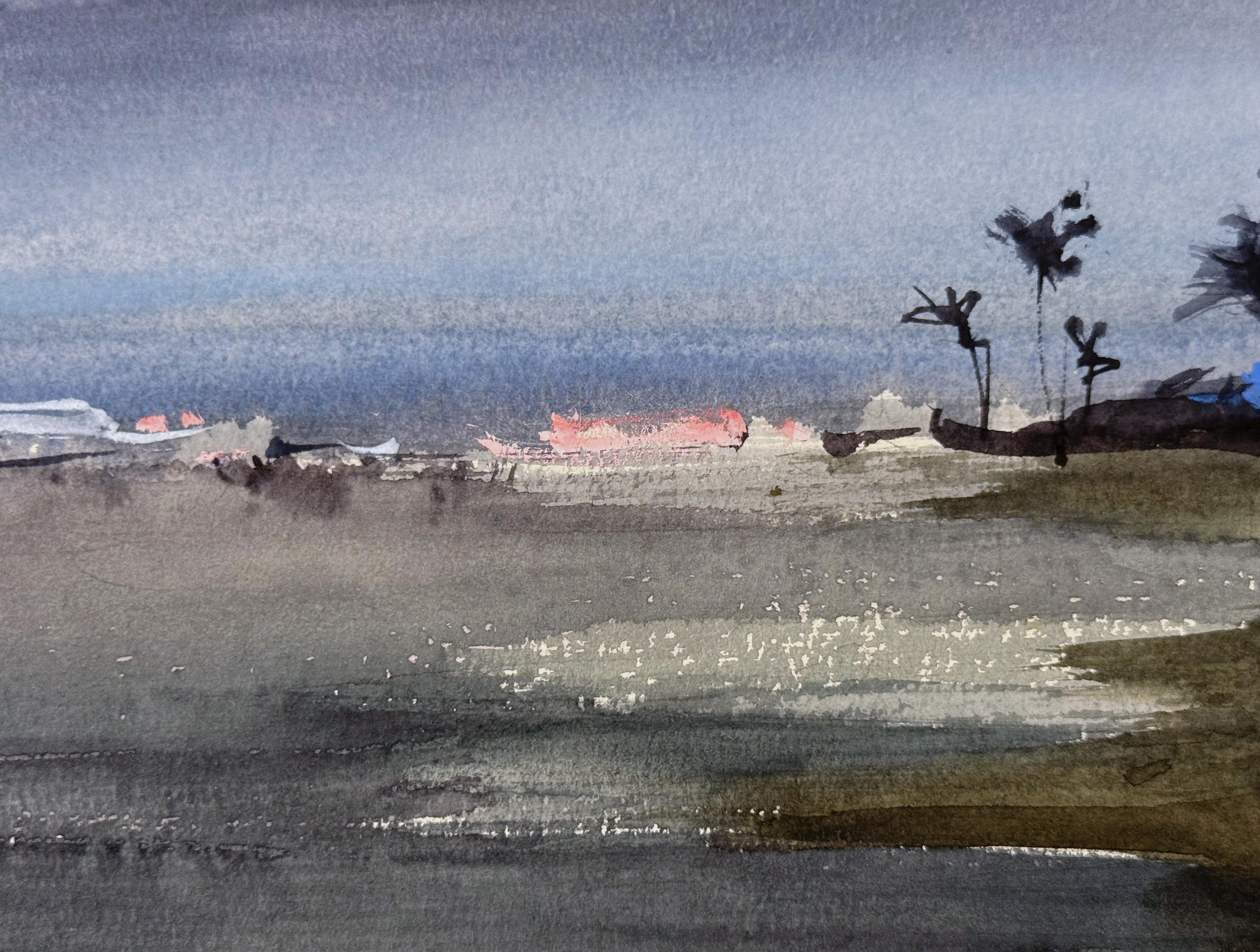 Questo acquerello espressivo cattura l'atmosfera iconica e lunatica dell'East Coast Park di Singapore al tramonto. L'artista si concentra sul momento fugace e drammatico in cui il giorno tropicale si trasforma in notte, riflettendo l'atmosfera