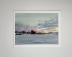 Frosty Sky. Horizontal landscape painting, snow, purple, sun, impressionism