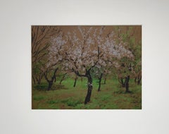 Blooming Garden . Pastel landscape painting, spring, green, impressionism