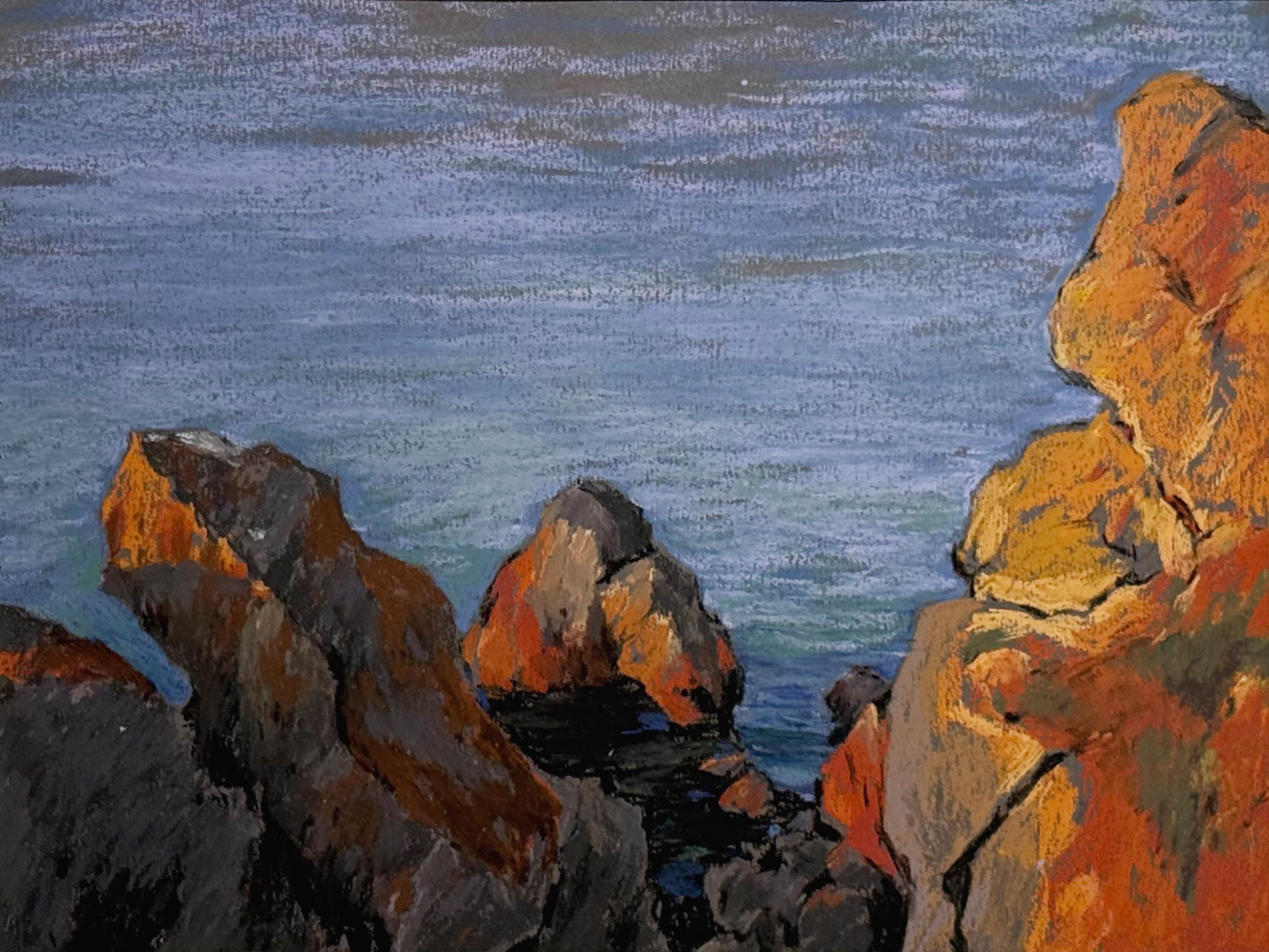 Quiet evening. Pastel landscape painting, rocks, sea, sun, impressionism