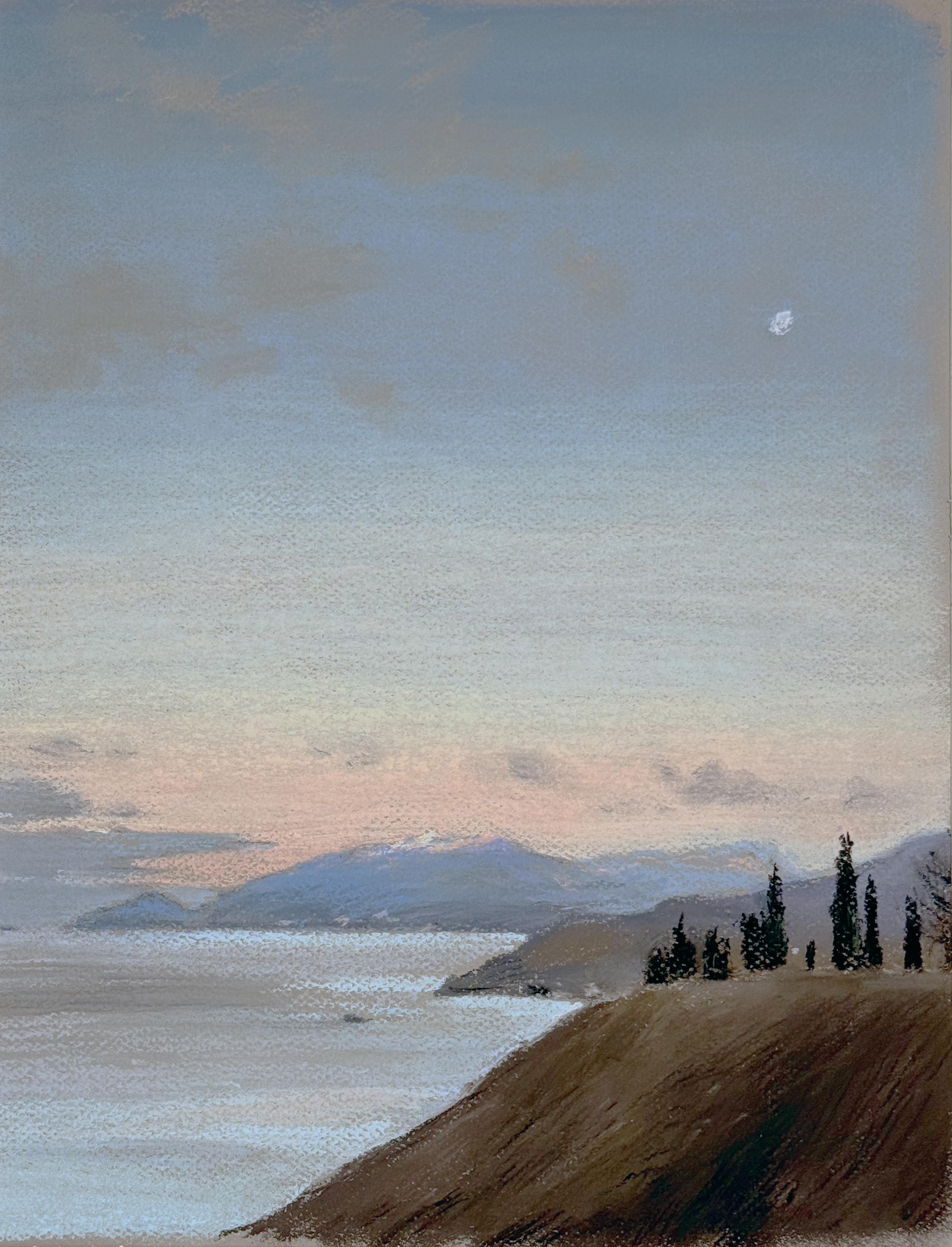 Crimean Evening. Pastel landscape painting, twilight, sea, impressionism