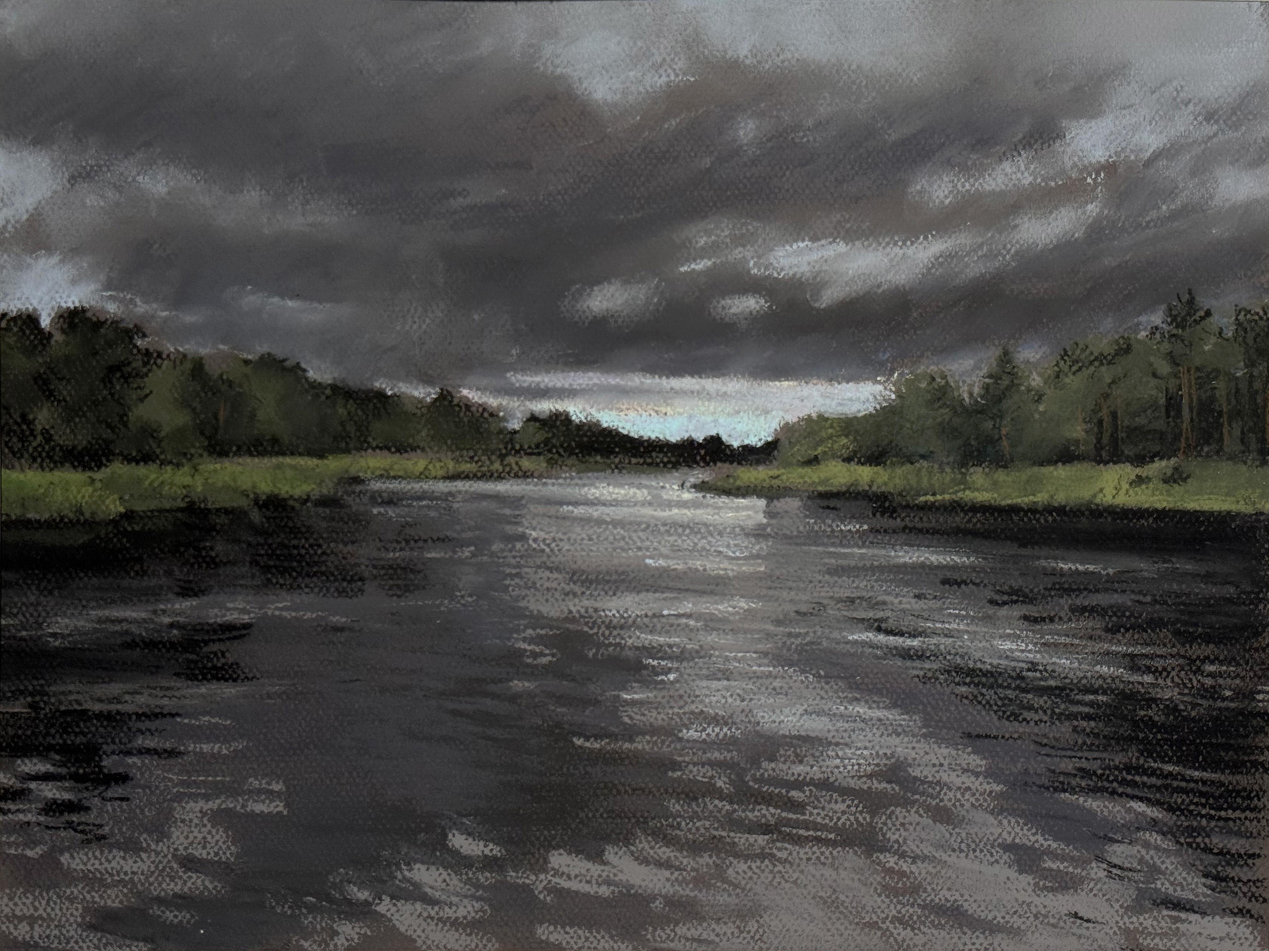 Late Evening. Pastel landscape painting, river, forest, sky, impressionism