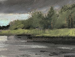 Late Evening. Pastel landscape painting, river, forest, sky, impressionism