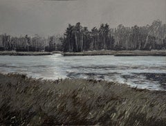 Northern Landscape. Pastel painting, river, forest, grey sky, impressionism