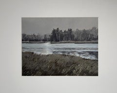 Northern Landscape. Pastel painting, river, forest, grey sky, impressionism