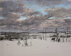 Snowy Landscape. Pastel painting, snow, winter, forest, sky, impressionism