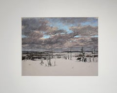 Snowy Landscape. Pastel painting, snow, winter, forest, sky, impressionism