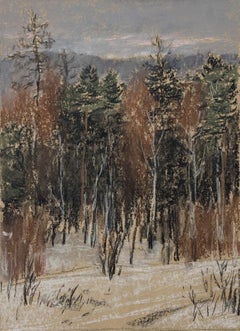 Autumn Landscape . Pastel painting, snow, fall, forest, pine, impressionism
