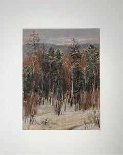 Autumn Landscape . Pastel painting, snow, fall, forest, pine, impressionism