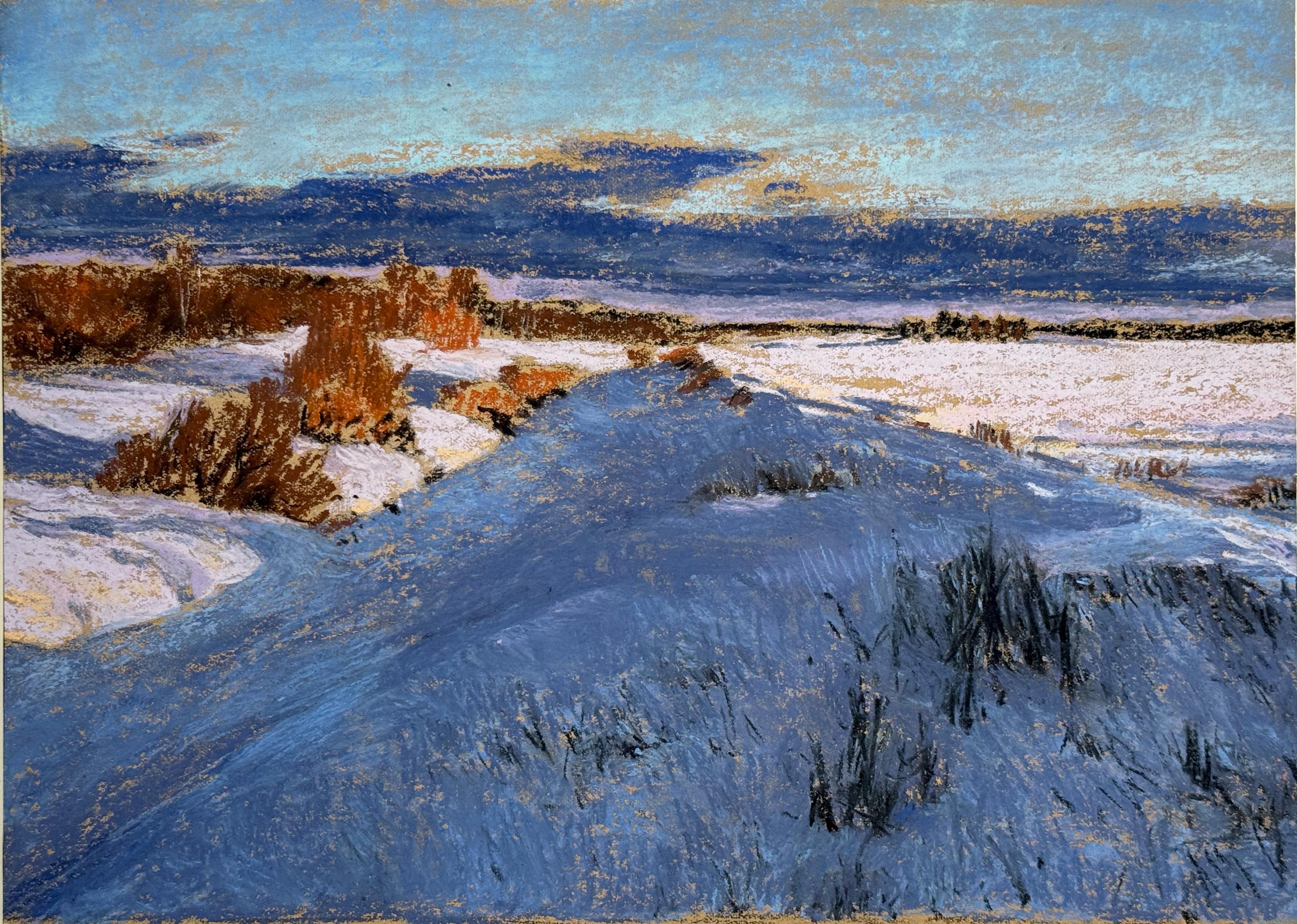 The Northern Sun. Pastel landscape painting, snow, blue sky, impressionism