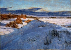 The Northern Sun. Pastel landscape painting, snow, blue sky, impressionism