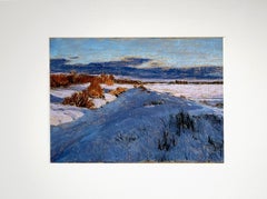 The Northern Sun. Pastel landscape painting, snow, blue sky, impressionism