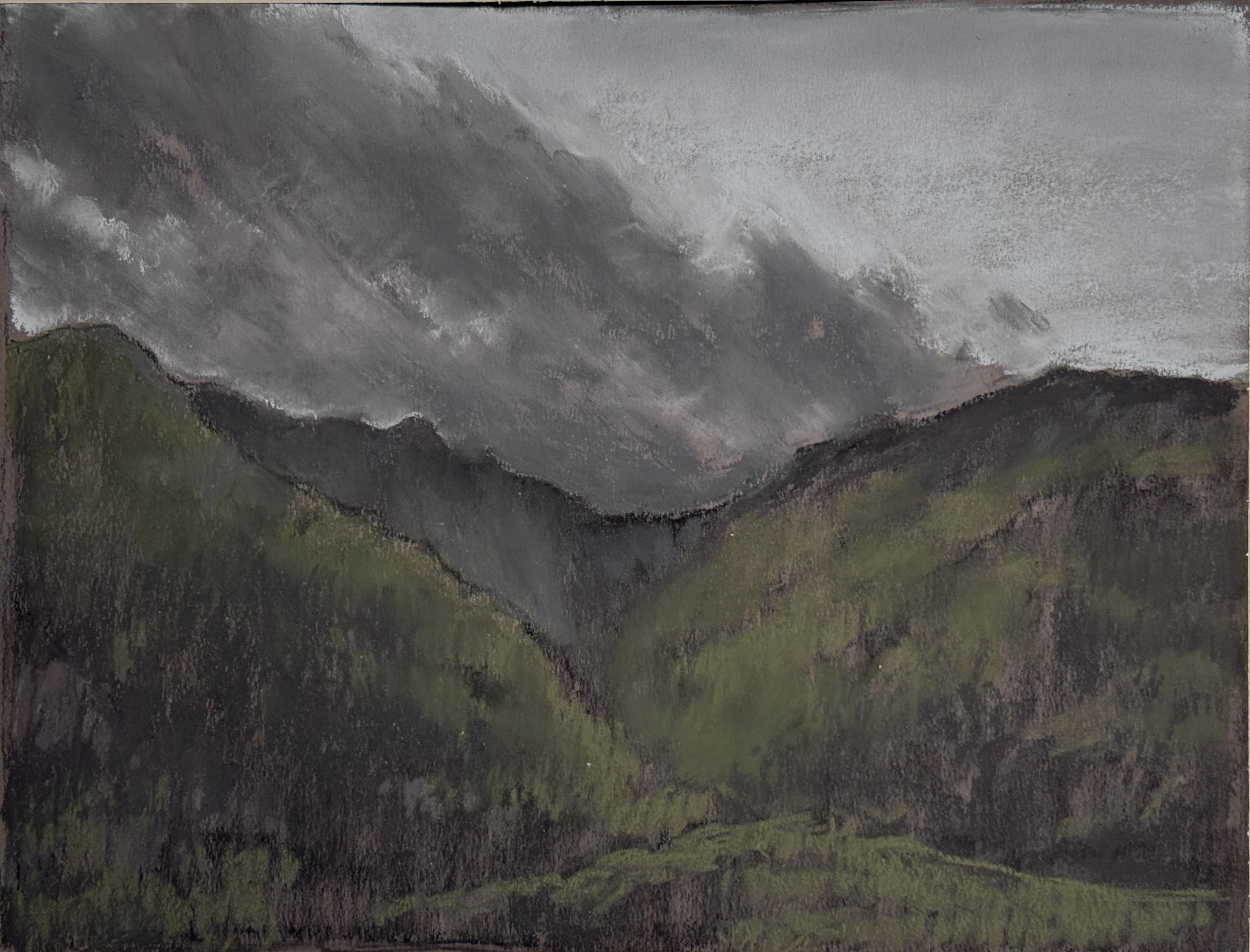 In The Clouds. Pastel landscape painting, mountains, valley, impressionism