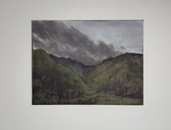 In The Clouds. Pastel landscape painting, mountains, valley, impressionism