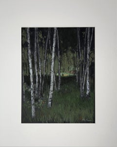 The Birches. Pastel landscape painting, trees, forest, birch, impressionism