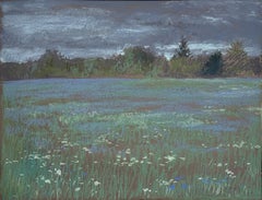 The Wildflowers. Pastel landscape painting, meadow, blue sky, impressionist