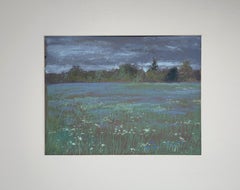 The Wildflowers. Pastel landscape painting, meadow, blue sky, impressionist