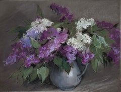 Branches de lilas. Nature morte au pastel, fleurs, bouquet, impressionnisme