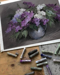 Branches de lilas. Nature morte au pastel, fleurs, bouquet, impressionnisme