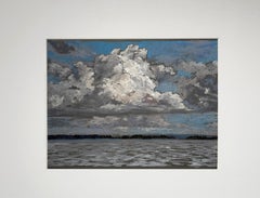 Puffy Clouds. Pastel landscape painting, blue sky, sun, sea, impressionism
