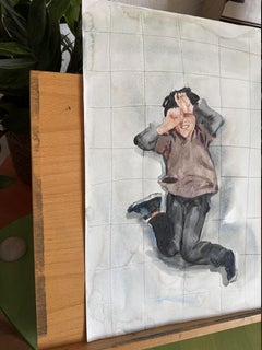 Auf dem Boden. Junge. Kind. Lächeln. Die Kindheit. Aquarell. Klein. Licht. Sehr schön.