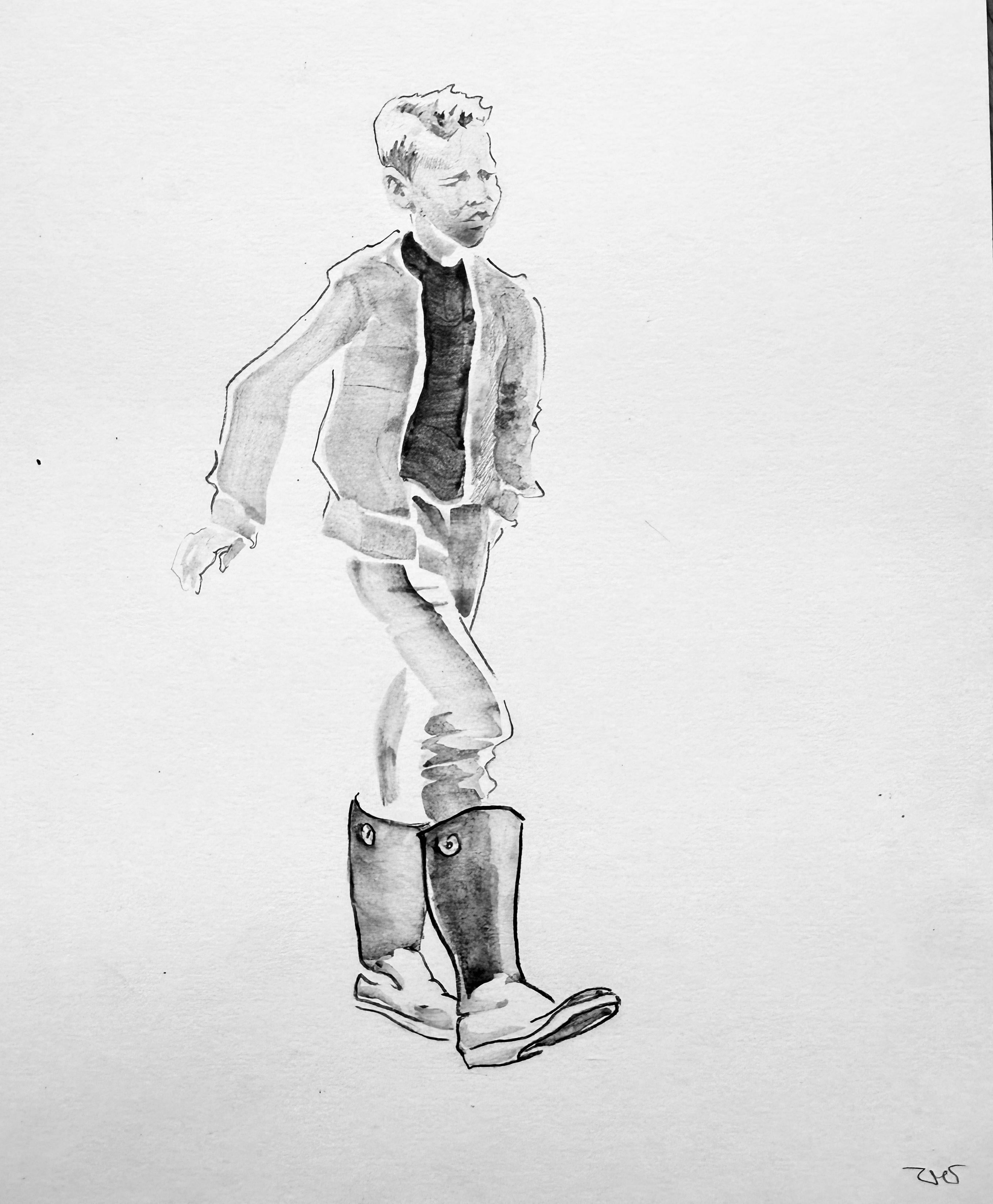 Marina Skepner Figurative Art - A Boy. Child. Childhood. Black and white. Small. Monochrome. Black. Watercolour