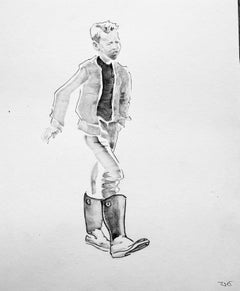 A Boy. Child. Childhood. Black and white. Small. Monochrome. Black. Watercolour
