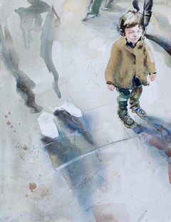 In der Menge. Die Kindheit. Kind. Aquarell. Klein. Ergreifend. Junge. Grau. Braun.