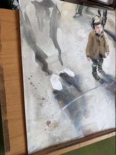 In der Menge. Die Kindheit. Kind. Aquarell. Klein. Ergreifend. Junge. Grau. Braun.