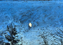 A Walk in December. Winter, landscape painting, mountains, snow, sunset, moon