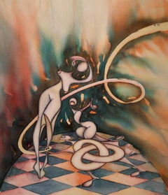 "Don't Go Away" Original  futuristic painting. Watercolor on paper . Vertical.