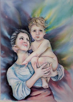 Mother and Child Watercolor Painting, Impressionist, Unframed, 2010+