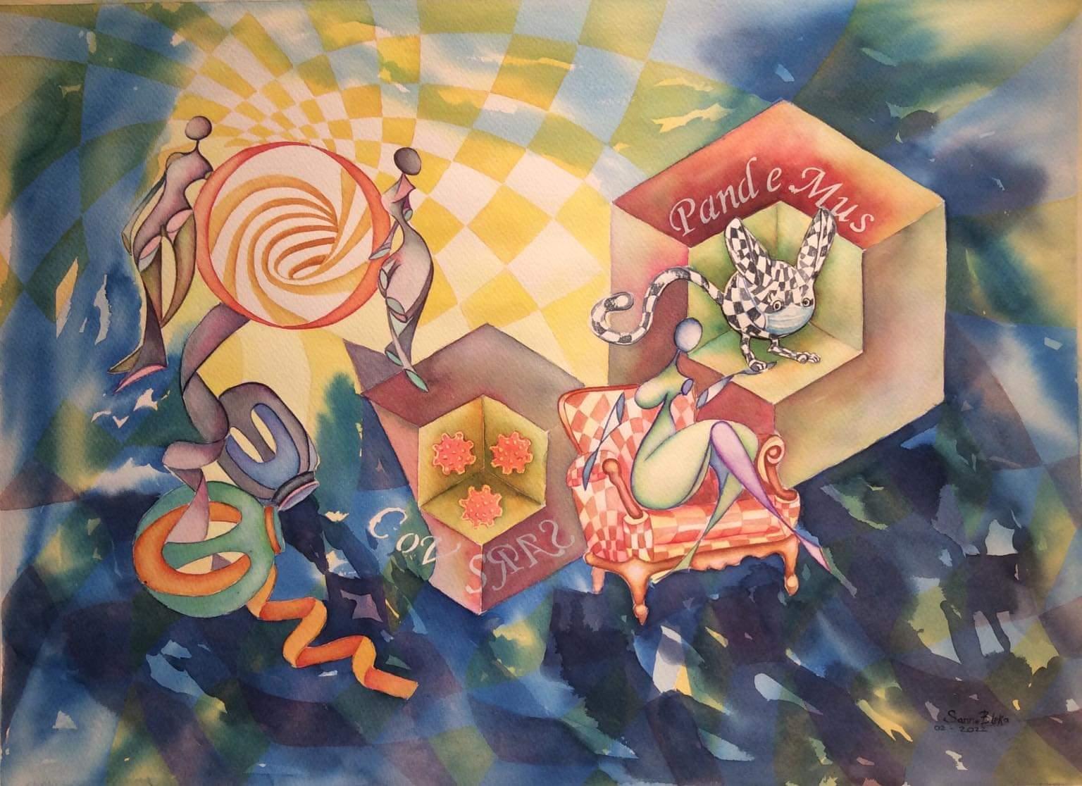 Figurative Art di Sanne Bleka - Pande Mus Pittura ad acquerello su carta, stile futurista, 2010-