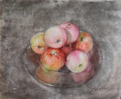Äpfel auf einem Silbertablett, Querformat, Grafik, Innenmalerei
